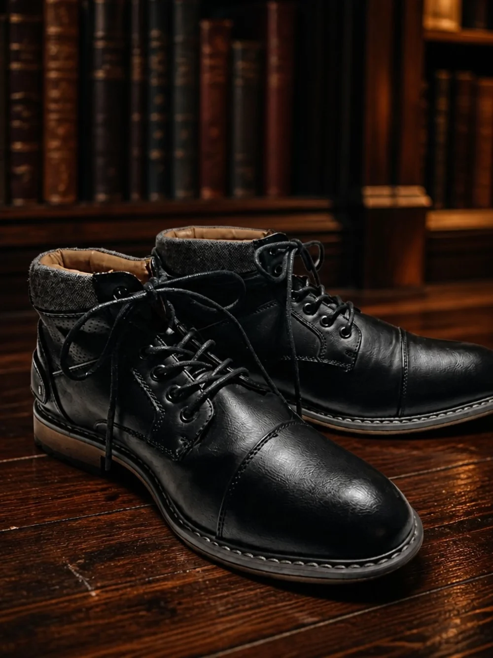 Steve Madden Black Leather Lace-Up Chukka Ankle Boots with Tan Collar
